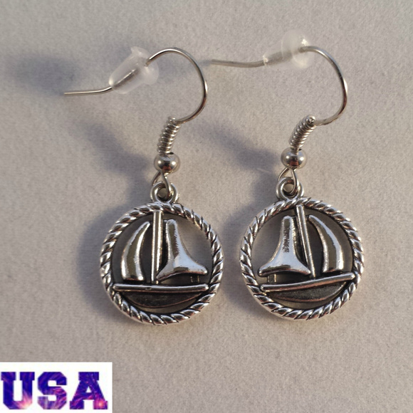 Silver Nautical Cruise Sail Boat Dangle Earrings - Picture 2 of 2